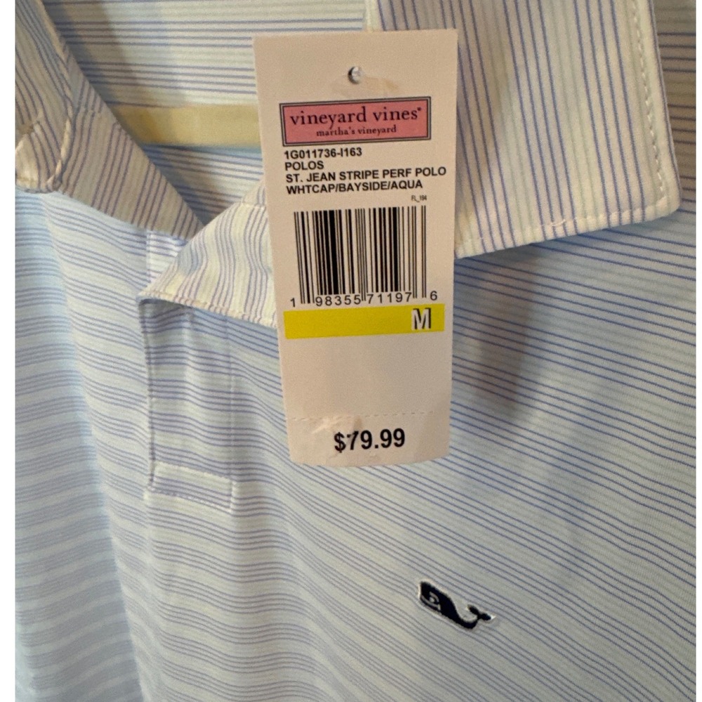 Vineyard Vines St Jean Stripe Performance Polo Shirt Aqua Blue Whale Logo Mens M - Picture 3 of 4